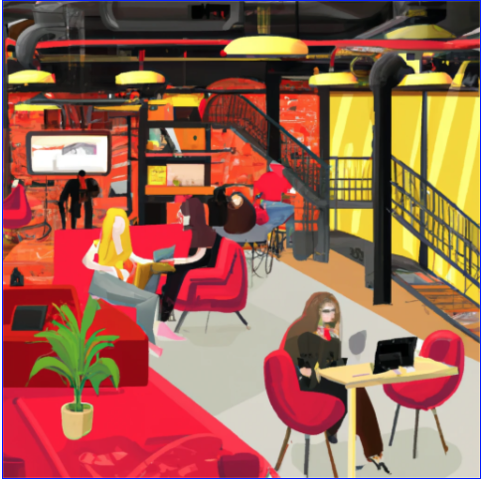 KI-generiertes Bild, das Café Betaphase in der Zukunft zeigt